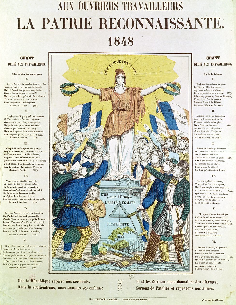 Illustrerat textblad till en sång tillägnad arbetarna, 1848 av French School