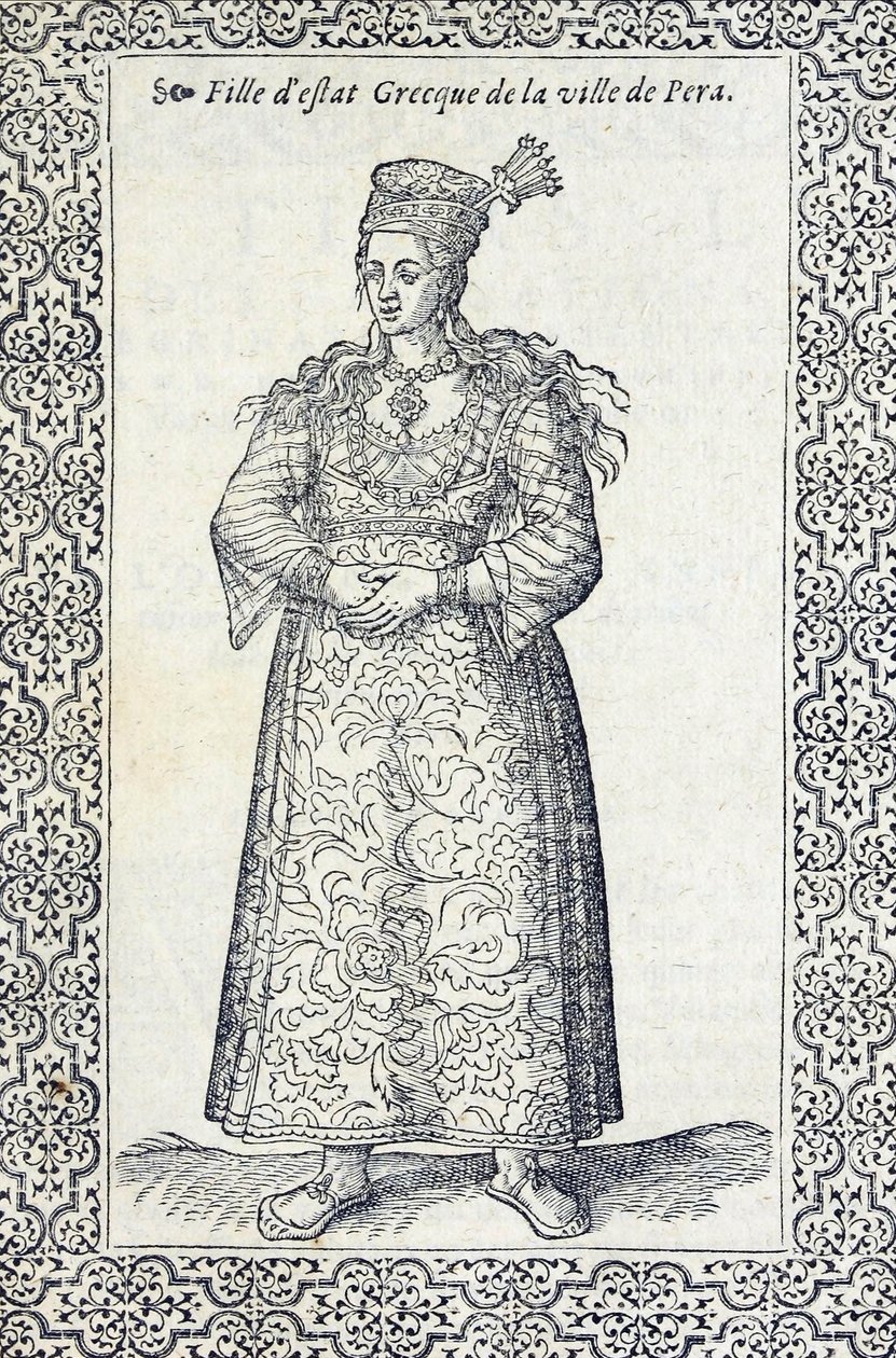 Illustration av en grekisk flicka från Pera, från Les navigations, peregrinations et voyages, faicts en la Turkey, av Nicolas de Nicolay, före 1576 av French School