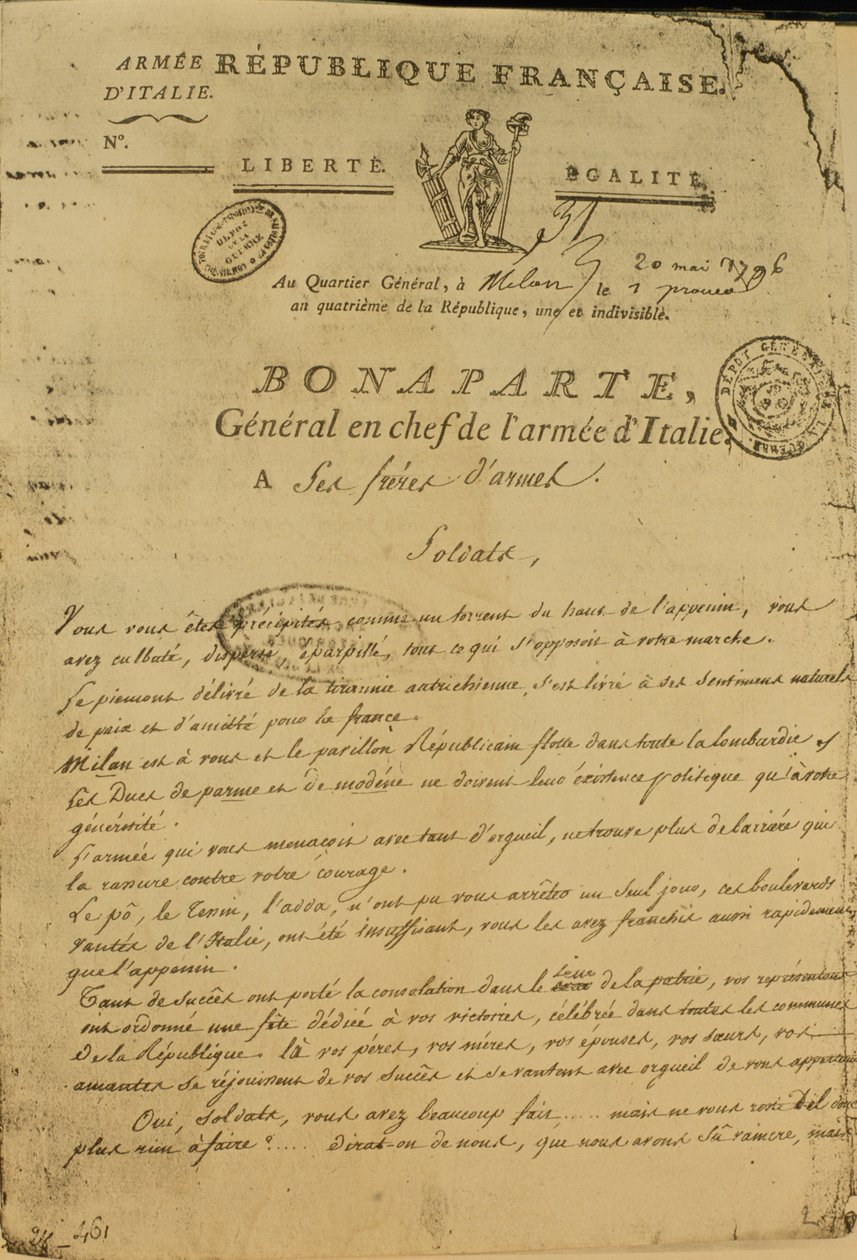 Instruktioner till soldater utfärdade av Napoleon som general för den italienska armén, 20 maj 1796 av French School