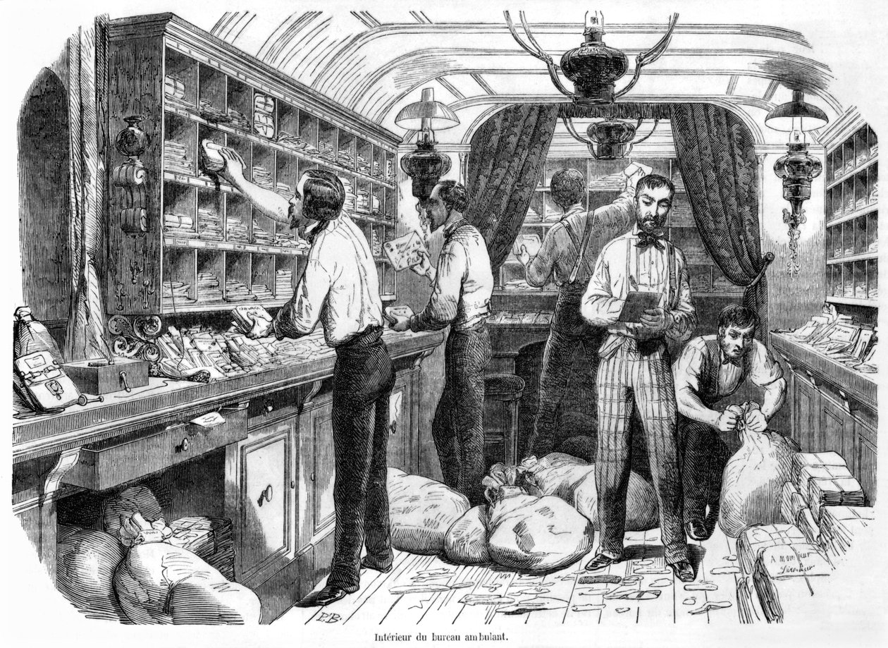 Interiör av en fransk järnvägspostvagn, illustration från 
