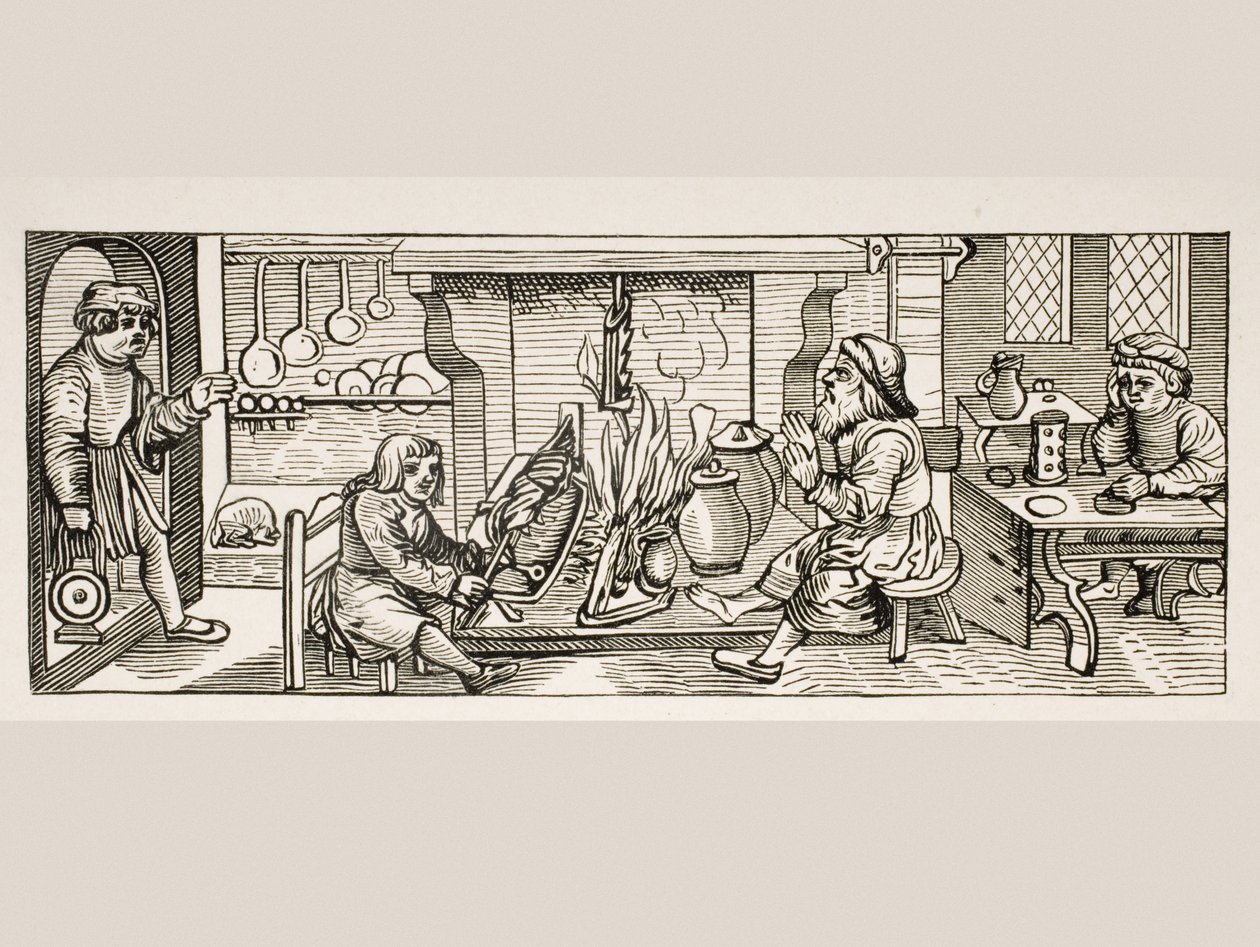 Interiör av ett kök, efter ett träsnitt i Calendarium Romanum av Jean Staeffler, tryckt Tubingen, Tyskland, 1518, från Le Moyen Age et La Renaissance av Paul Lacroix (1806-84) publicerad 1847 av French School