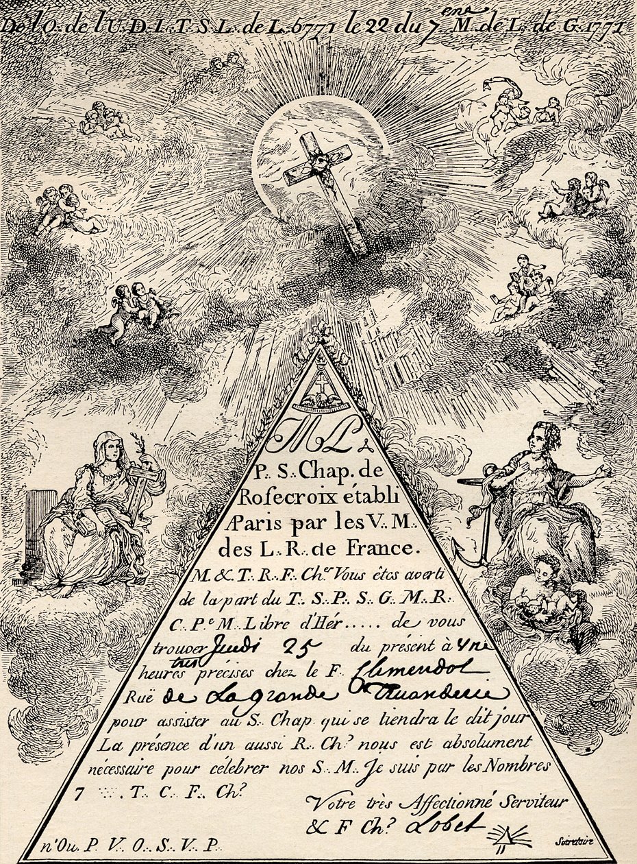 Inbjudan från det franska kapitlet för frimurarna, 1771, från "Frimuraren", av Eugen Lennhoff, publicerad 1932 av French School