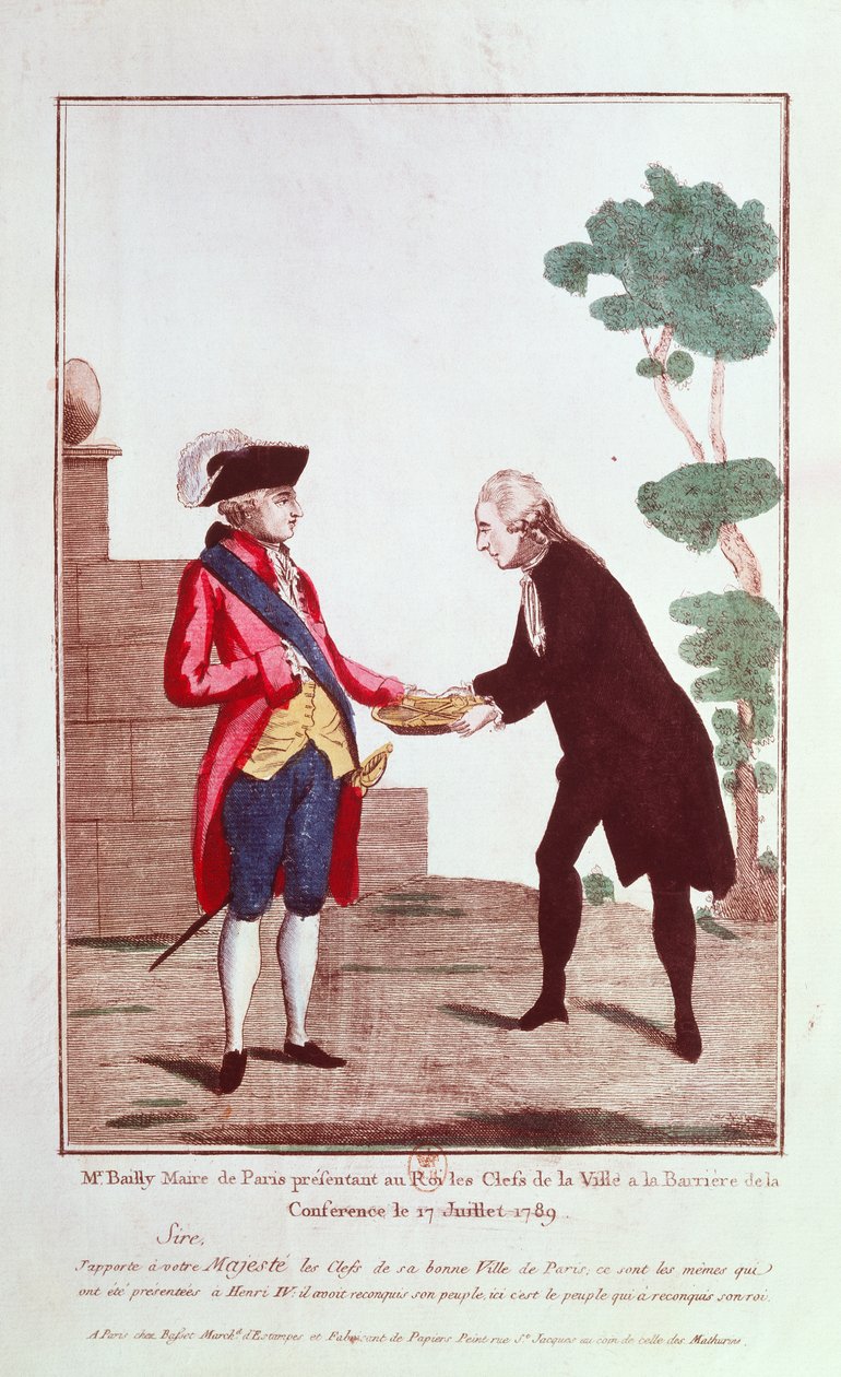 Jean Sylvain Bailly (1736-93) ger Ludvig XVI (1754-93) nycklarna till staden Paris, 17 juli 1789 av French School