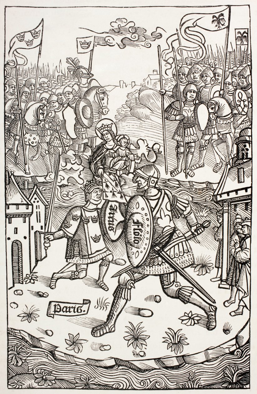 Kung Artus, skyddad av Jungfrun, slåss mot en jätte, från "Militärt och religiöst liv i medeltiden" av Paul Lacroix, publicerad i London ca 1880 av French School