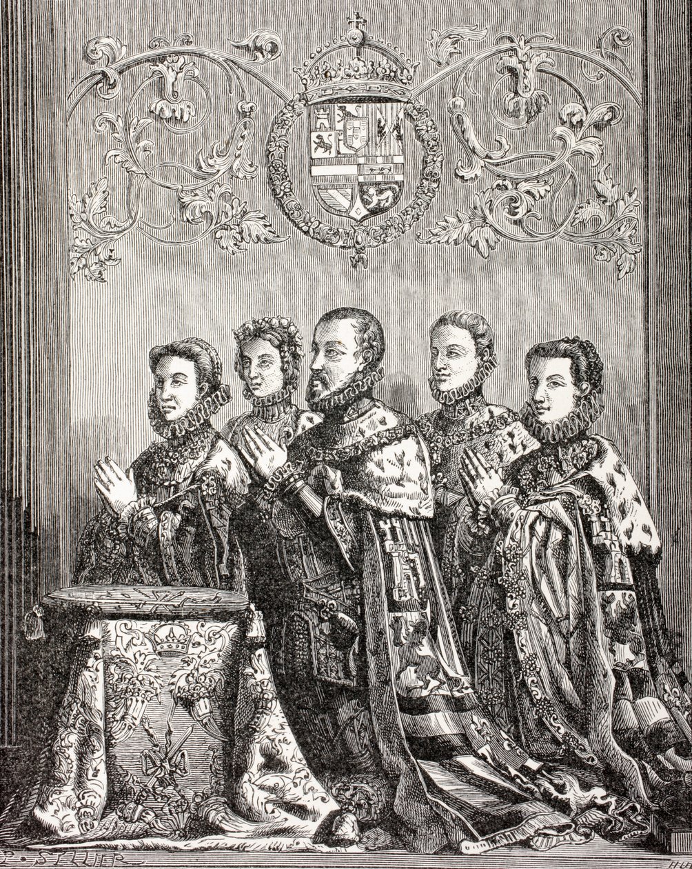 Kung Filip II av Spanien med sina tre fruar, från "Militärt och religiöst liv i medeltiden" av Paul Lacroix, publicerad i London ca 1880 av French School