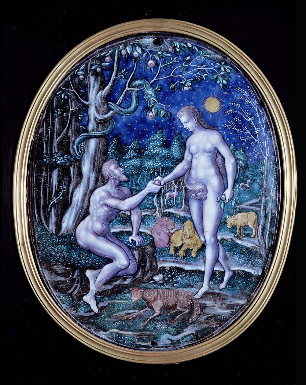 Limoges plakett föreställande Adam och Eva, ca 1570 (emalj) av French School