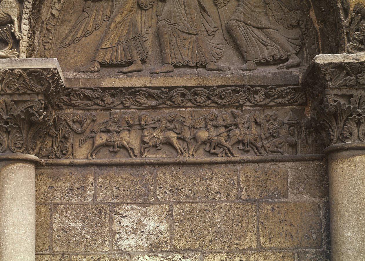 Linteldetalj på västfasaden som visar scener inspirerade av La Chanson de Roland, c.1125-35 av French School