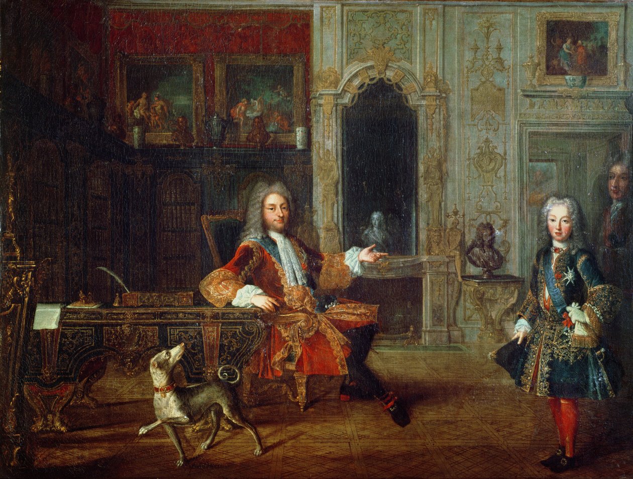Ludvig XV (1710-74) och regenten Philippe II (1674-1723), hertig av Orléans, i storfurstens arbetsrum i Versailles, omkring 1720. av French School