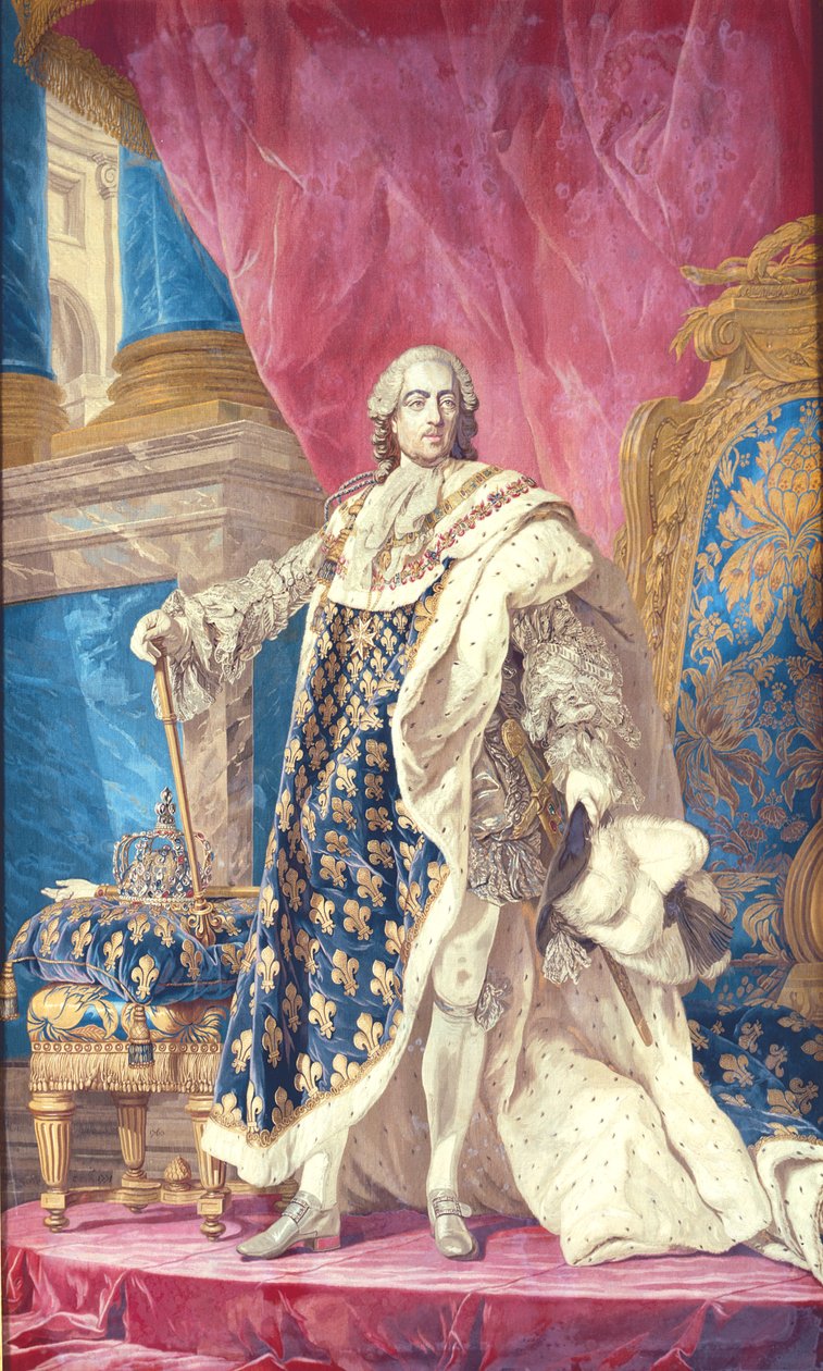 Ludvig XV (1710-74) i kröningsdräkt (gobeläng) av French School