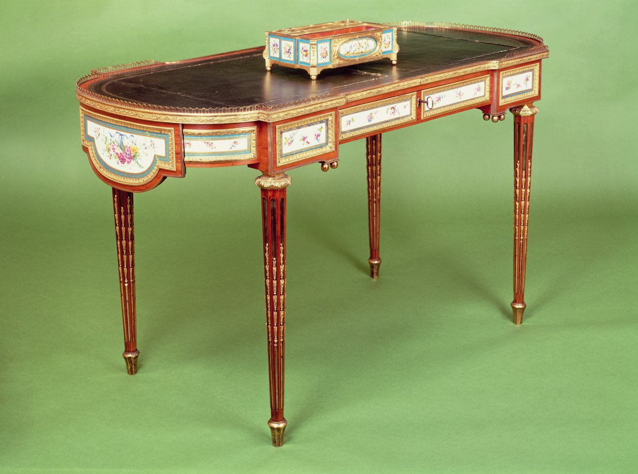 Louis XVI byråplatta med blekt tulpanträfanér och formad ormolu-galleri, tillskriven Martin Carlin av French School