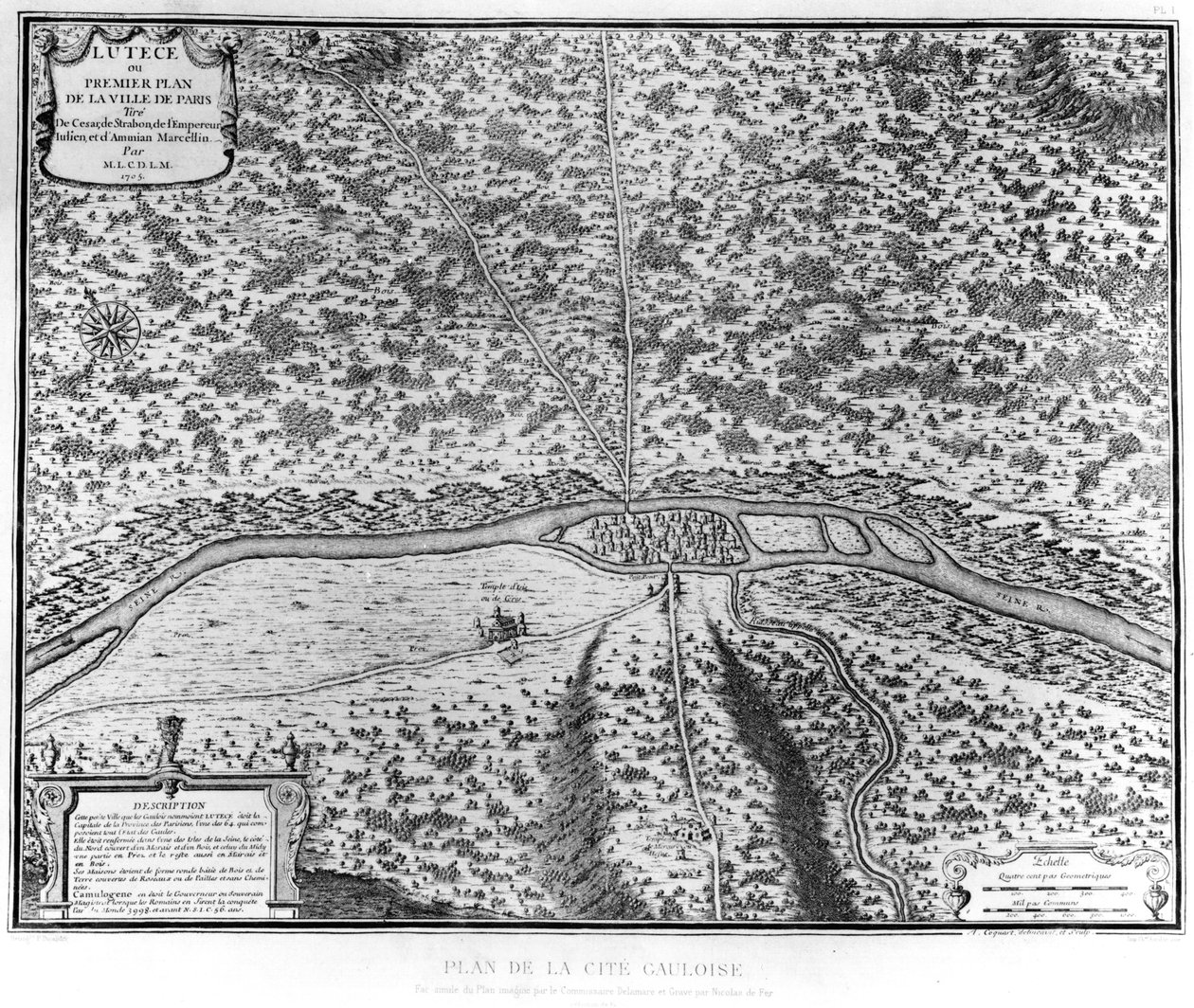 Lutetia eller den första planen av Paris, hämtad från Caesar, Strabo, kejsar Julian och Ammianus Marcellinus, 1705 av French School