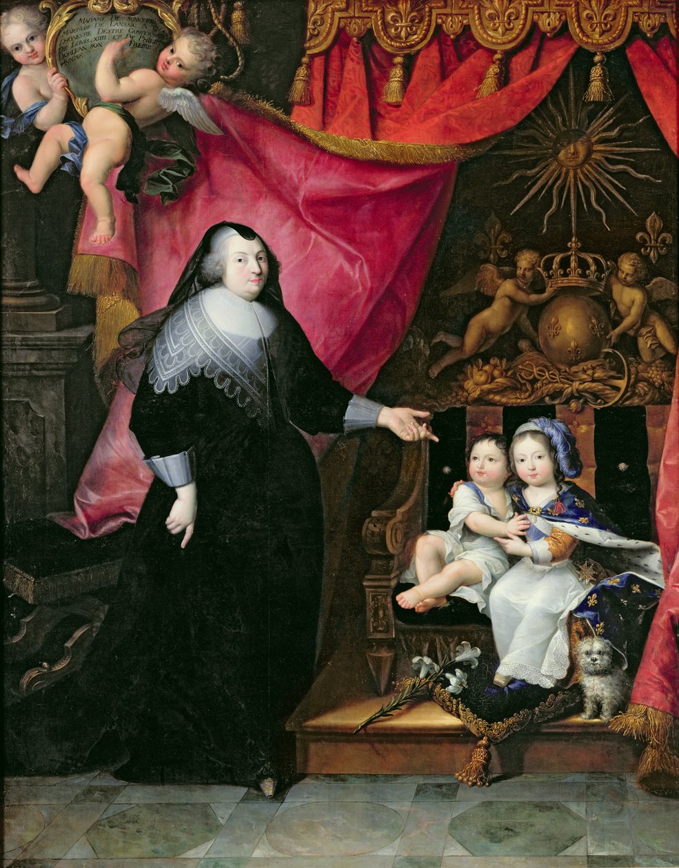 Madame de Lansac (1582-1657) och Frankrikes barn, Ludvig XIV (1638-1715) och hans bror Philippe av Orleans (1640-1701) efter 1640 av French School