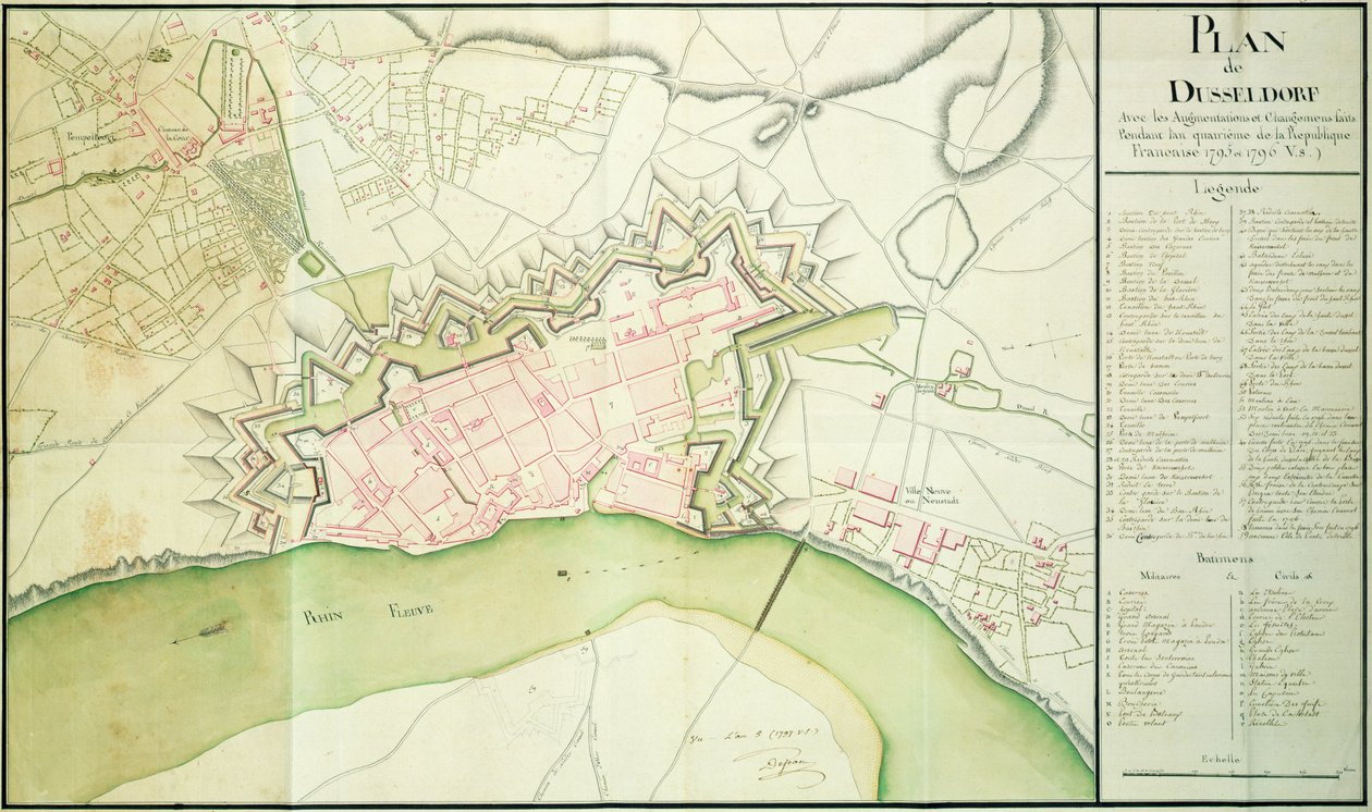 Karta över Düsseldorf, 1797 av French School