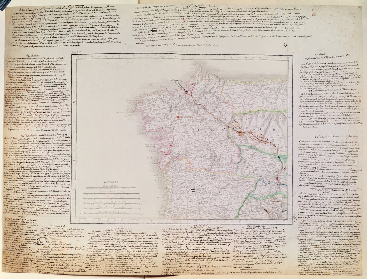 Karta över Galicien med den franska arméns rutt och en stock från kampanjen i januari 1809 (penna och bläck och färgstick) av French School