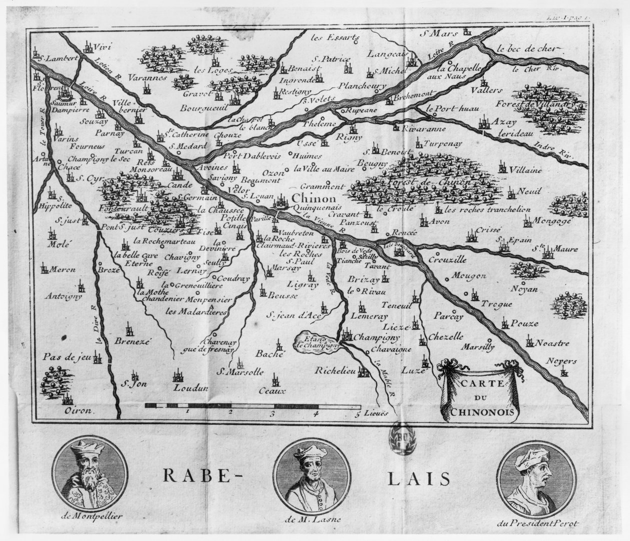 Karta över regionen Chinon relaterad till Francois Rabelais verk, publicerad 1725 av French School