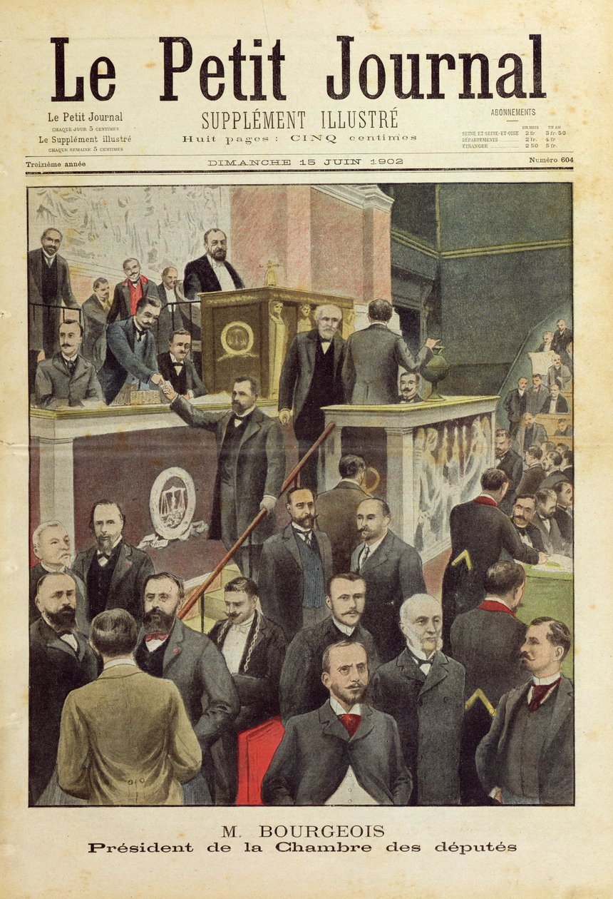 Monsieur Bourgeois, ordförande för deputeradekammaren, framsidan av "Le Petit Journal", 15 juni 1902 av French School