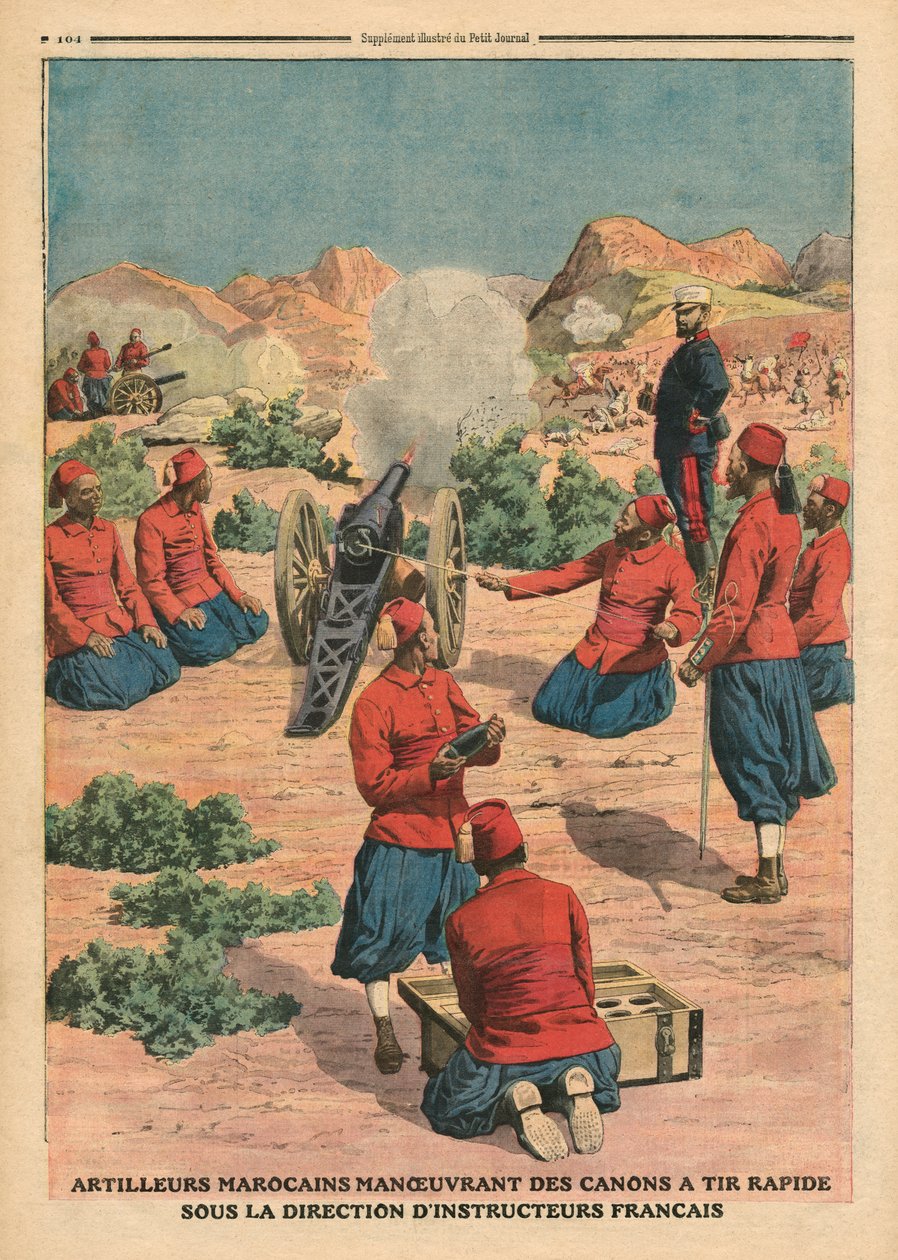Marockanska artillerister som använder kanoner under ledning av franska instruktörer, illustration från 