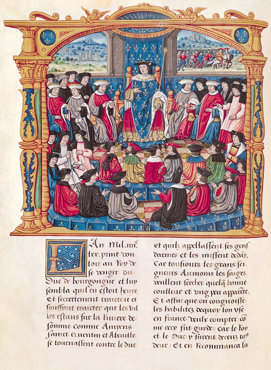 Ms 18 Fol.66v Louis XI börjar kriget mot Charles le Temeraire, hertig av Bourgogne, från Philippe of Commines