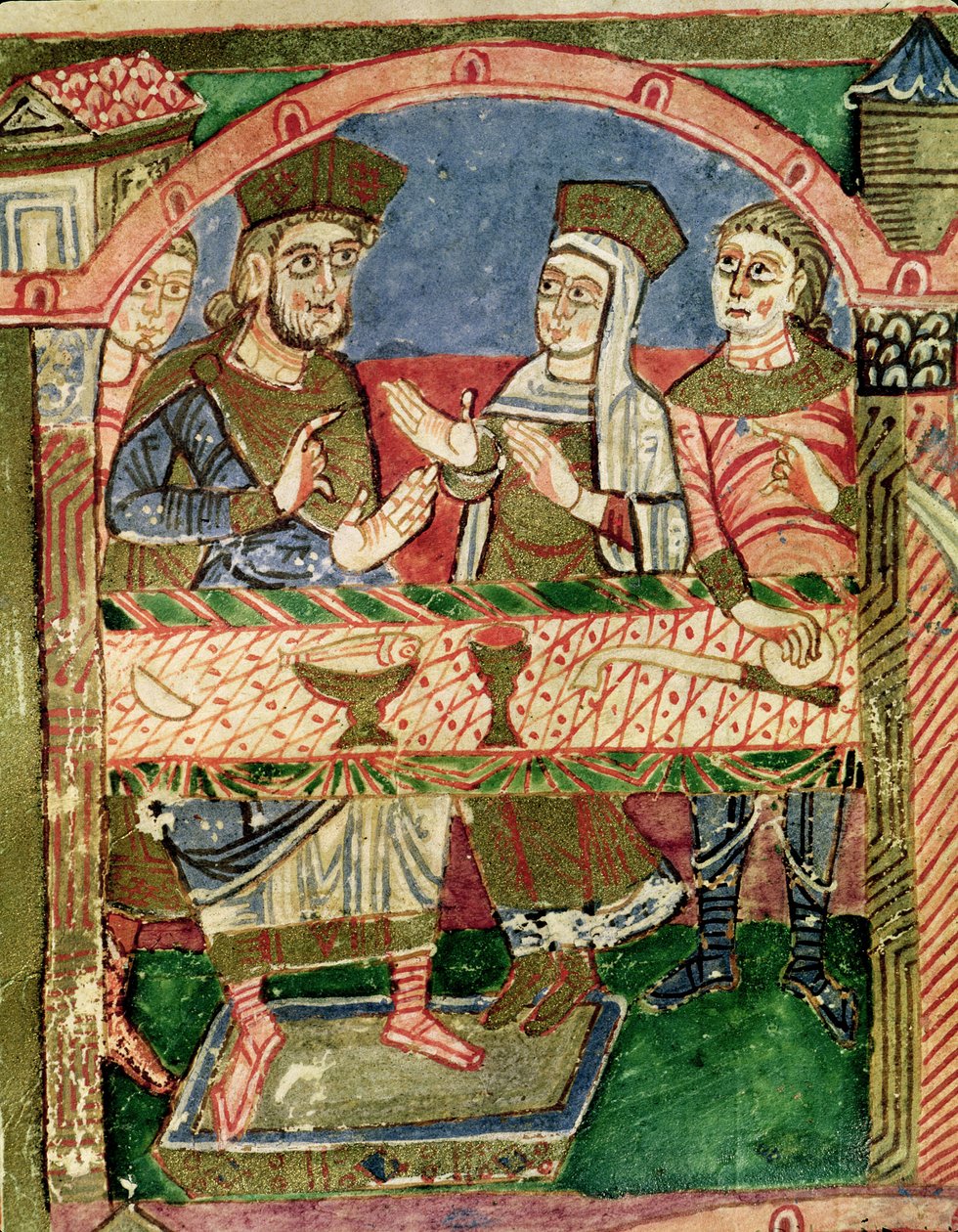 Ms 250 f.24r St. Radegund (518-87) vid bordet av Clothar I (497-561) från Life of St. Radegund (detalj av 173477) av French School