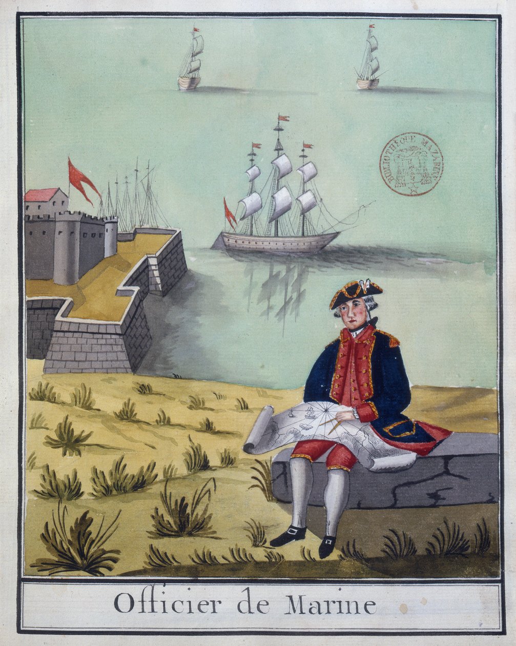 Ms 2848 The Marine Officer, från en serie franska militärdräkter, 1768 (wc på papper) av French School