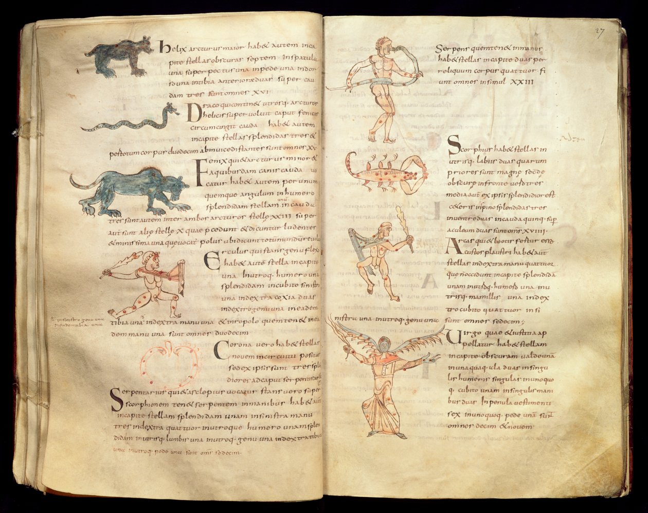 Ms 422 Fol.26v und 27r Månens väg över stjärnbilderna, från "De Natura Rerum" av Isidore av Sevilla. av French School