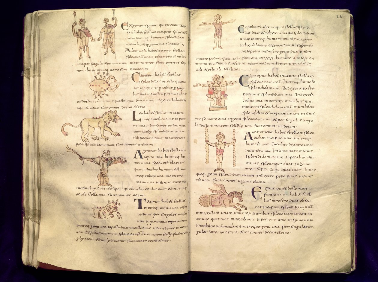 Ms 422 Fol.27v und 28r Månens väg över konstellationerna, från 