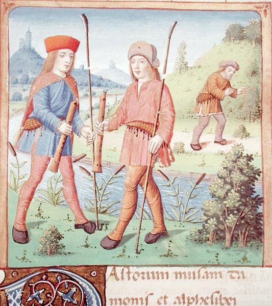 Ms 493 fol.14 Herdar vid en flod, från The Eclogues av Vergilius med en kommentar av Servius, 1469 av French School