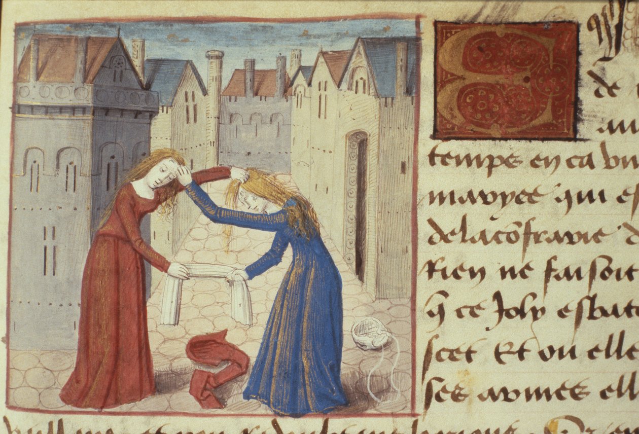 Ms Hunter 252 f.186r Två kvinnor som slåss, från Les Cent Nouvelles Nouvelles, 1462 av French School