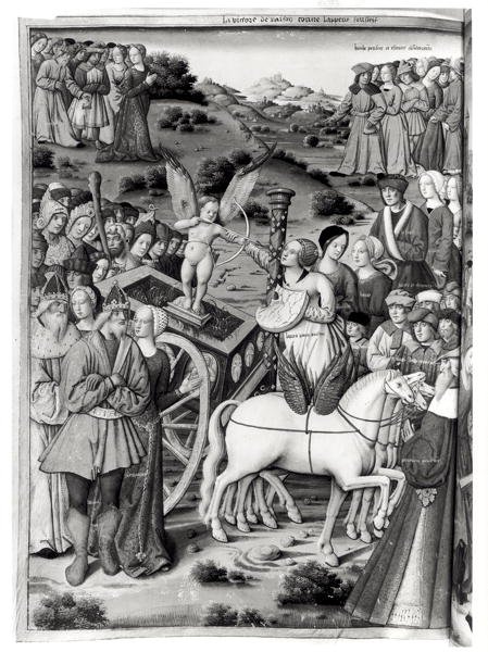 Ms.Fr.594 fol.7v Kärlekens triumf, från Les Triomphes av Petrarch (1304-74) 1503 av French School