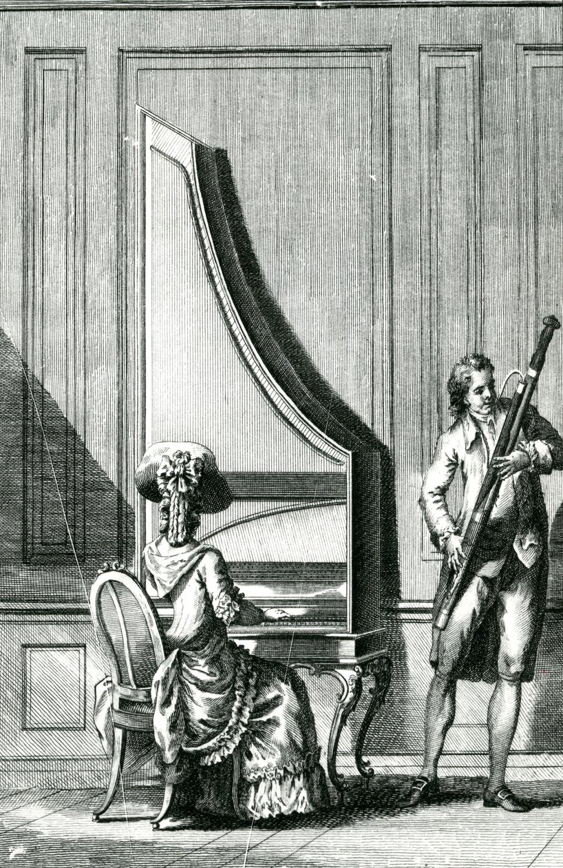 Musiker som spelar ett upprätt klavikord och en fagott av French School