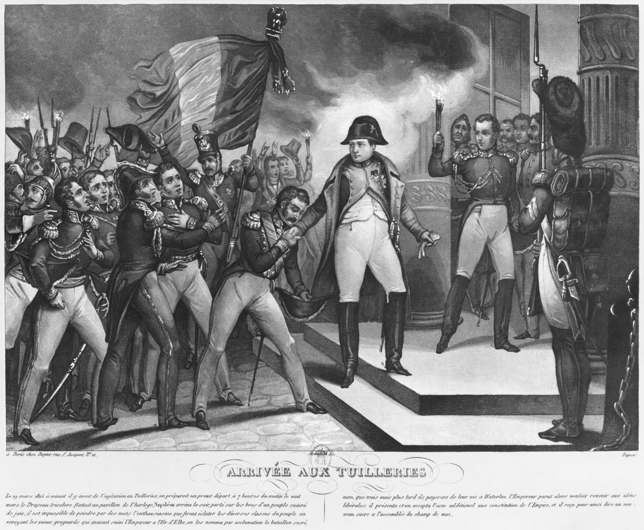Napoleon I (1769-1821) anländer till Tuilerierna den 20 mars 1815, Paris, graverad av Roemhild av French School