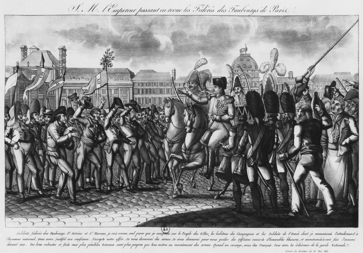 Napoleon I gennemgår Federes i de parisiske forstæder ved Tuilerierne, illustration fra 