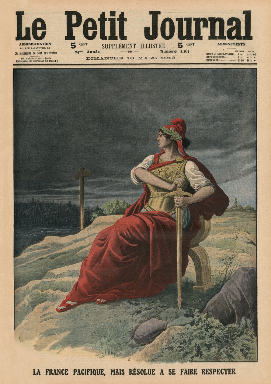 Frankrike är inte bara pacifist utan också fast besluten att bli respekterad, illustration på omslaget från "Le Petit Journal", supplement illustre, 16 mars 1913. av French School