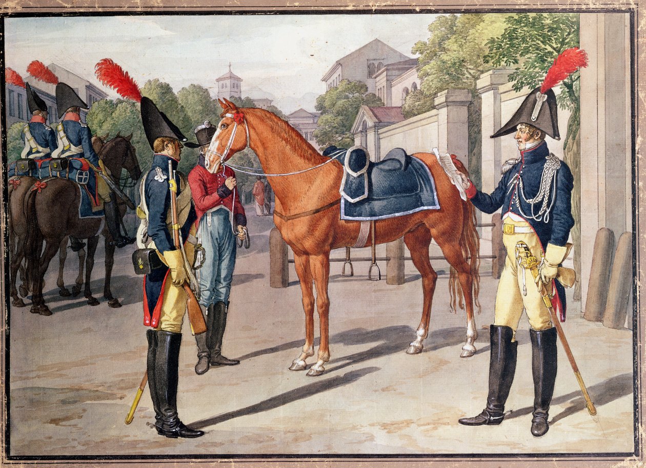 Officer och vakt vid kungliga gardet 1826 av French School