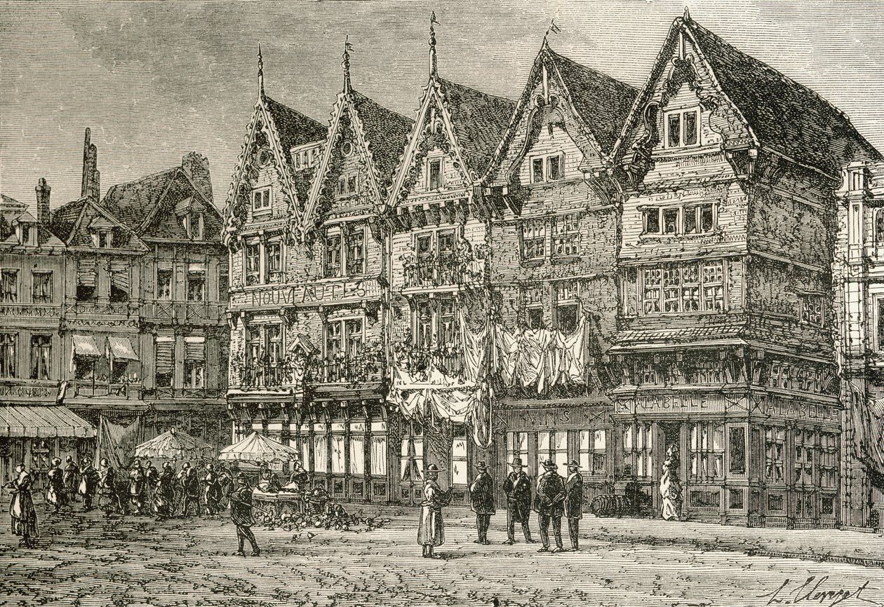 Gamla hus i Valenciennes, Frankrike, på 1800-talet, från "French Pictures" av pastor Samuel G. Green, publicerad 1878 av French School