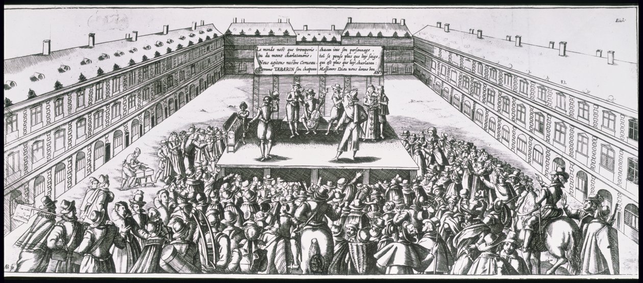 Teaterföreställning utomhus med Antoine Firard (1584-1633), känd som Tabarin, på scenen av French School