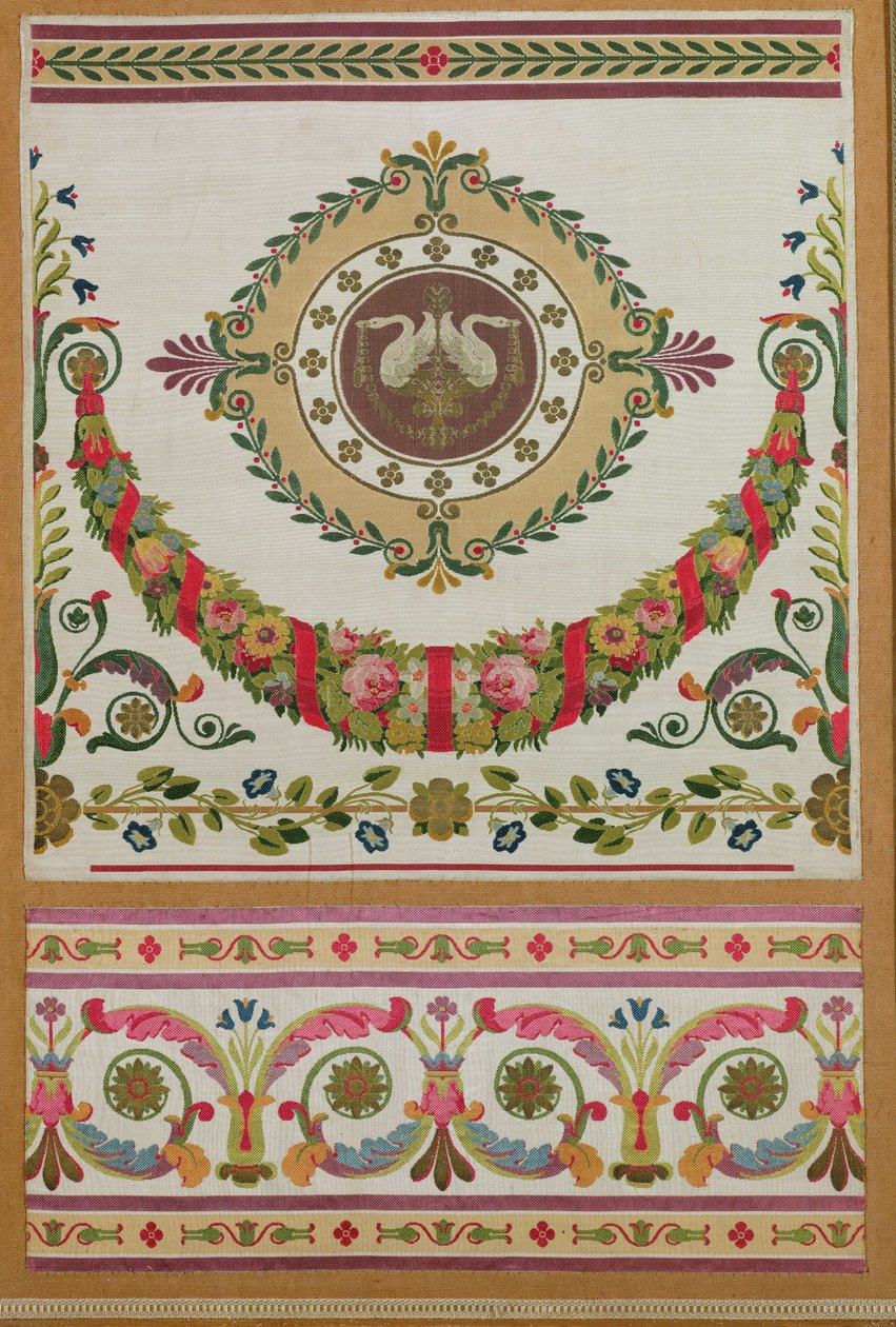 Panel av siden med en krans av blommor och svanar från Pernon, Lyons (silke) av French School