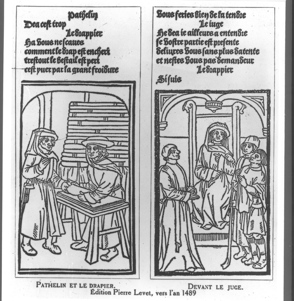 Pathelin och draperiet och Pathelin inför domaren, illustration från "The Farce of Master Pathelin", ca 1489 av French School