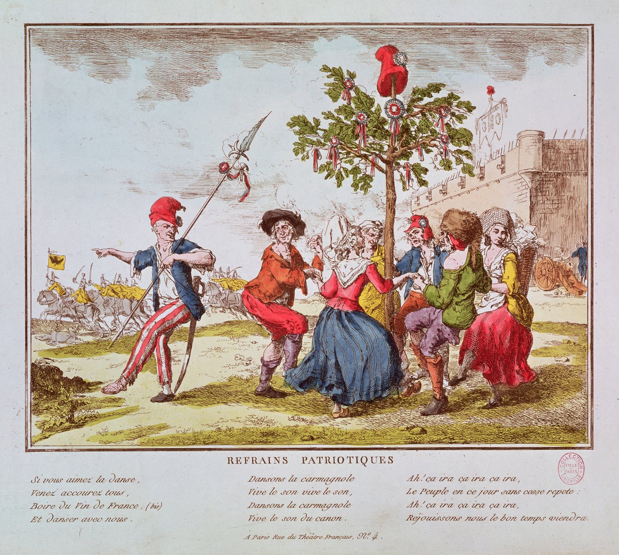 Patriotic Refrains: Franska revolutionärer dansar carmagnole runt Frihetsträdet, ca 1792 av French School