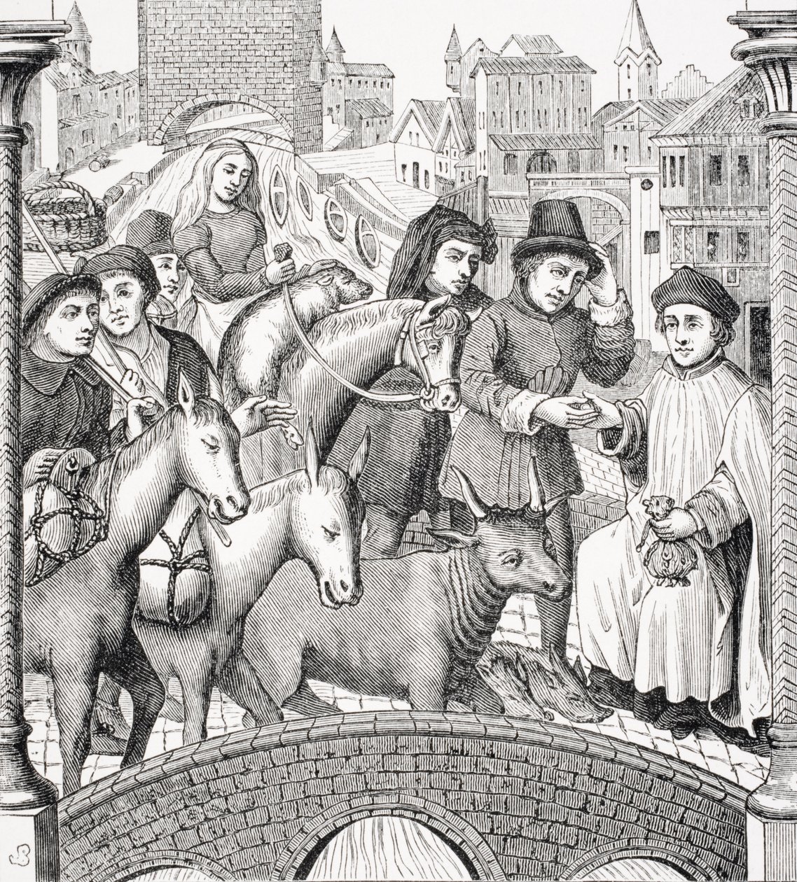 Paying the Toll on a Bridge, från "Le Moyen Age et La Renaissance" av Paul Lacroix (1806-84) publicerad 1847 av French School
