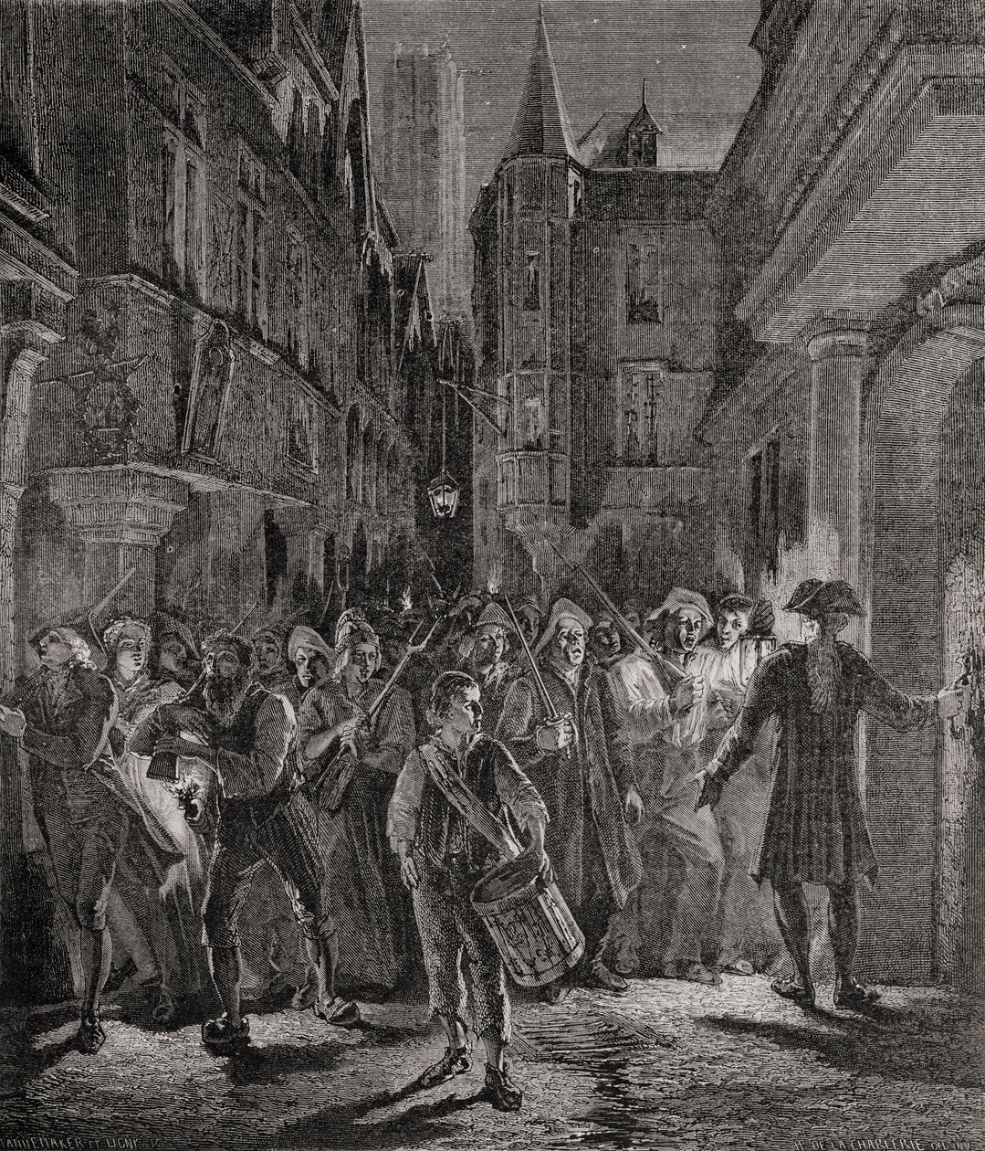 Människor går ut på gatorna i Paris, 1789 av French School