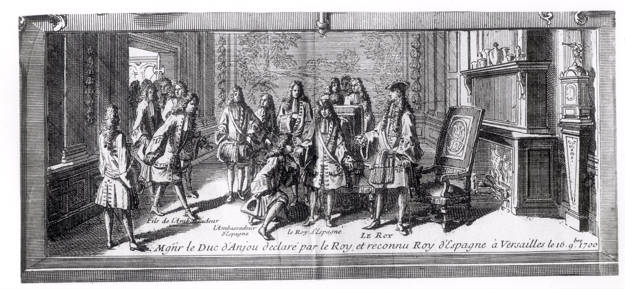 Philippe de France (1683-1746) hertig av Anjou, erkänd som kung av Spanien av Ludvig XIV (1638-1715) kung av Frankrike, 16 september 1700, i Versailles av French School