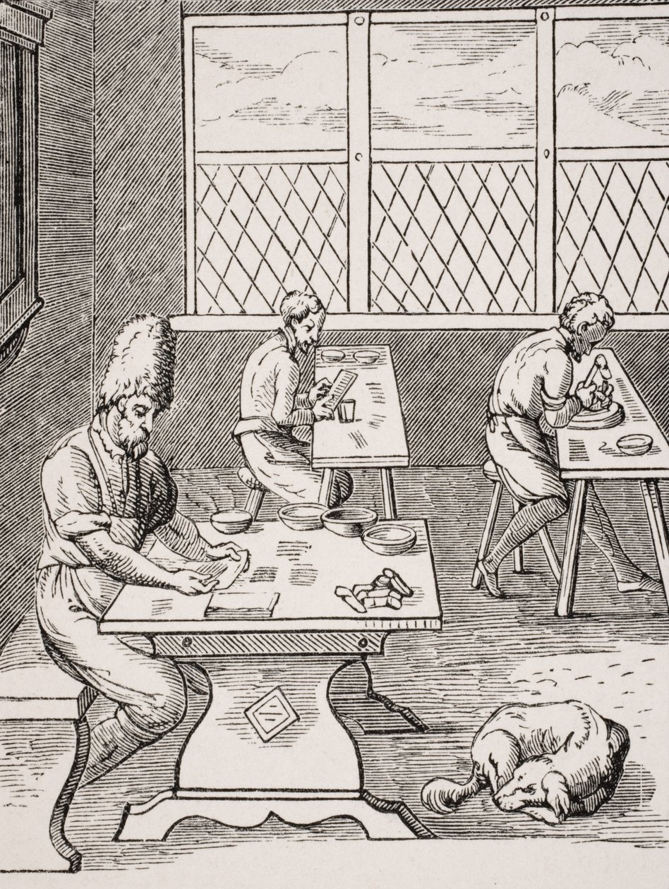 Pin and Needle Maker, reproduktion av ett träsnitt av Jost Amman (1539-91) från "Le Moyen Age et La Renaissance" av Paul Lacroix (1806-84) publicerad 1847. av French School