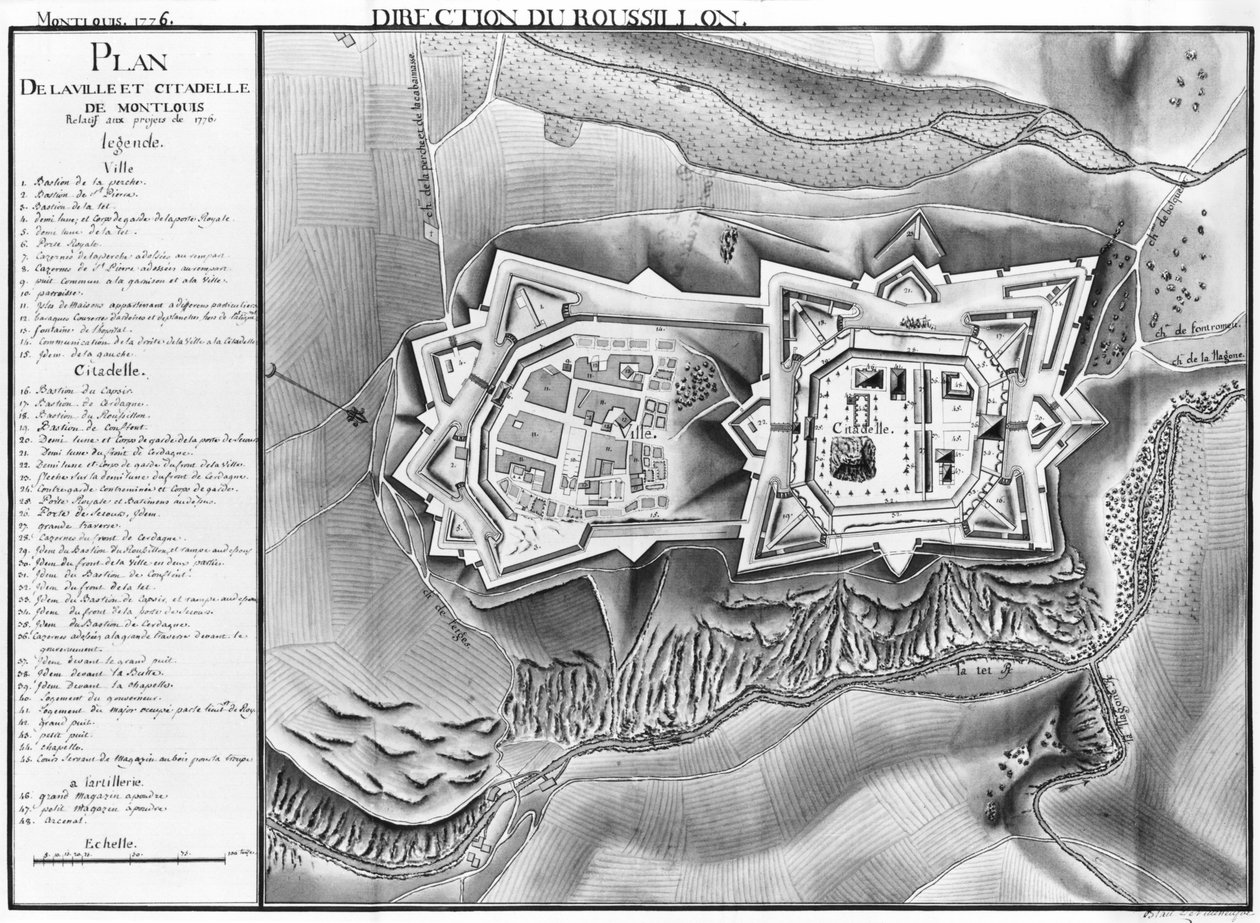Plan och karta över staden och citadellet Mont-Louis, 1776 (penna och wc på papper) av French School