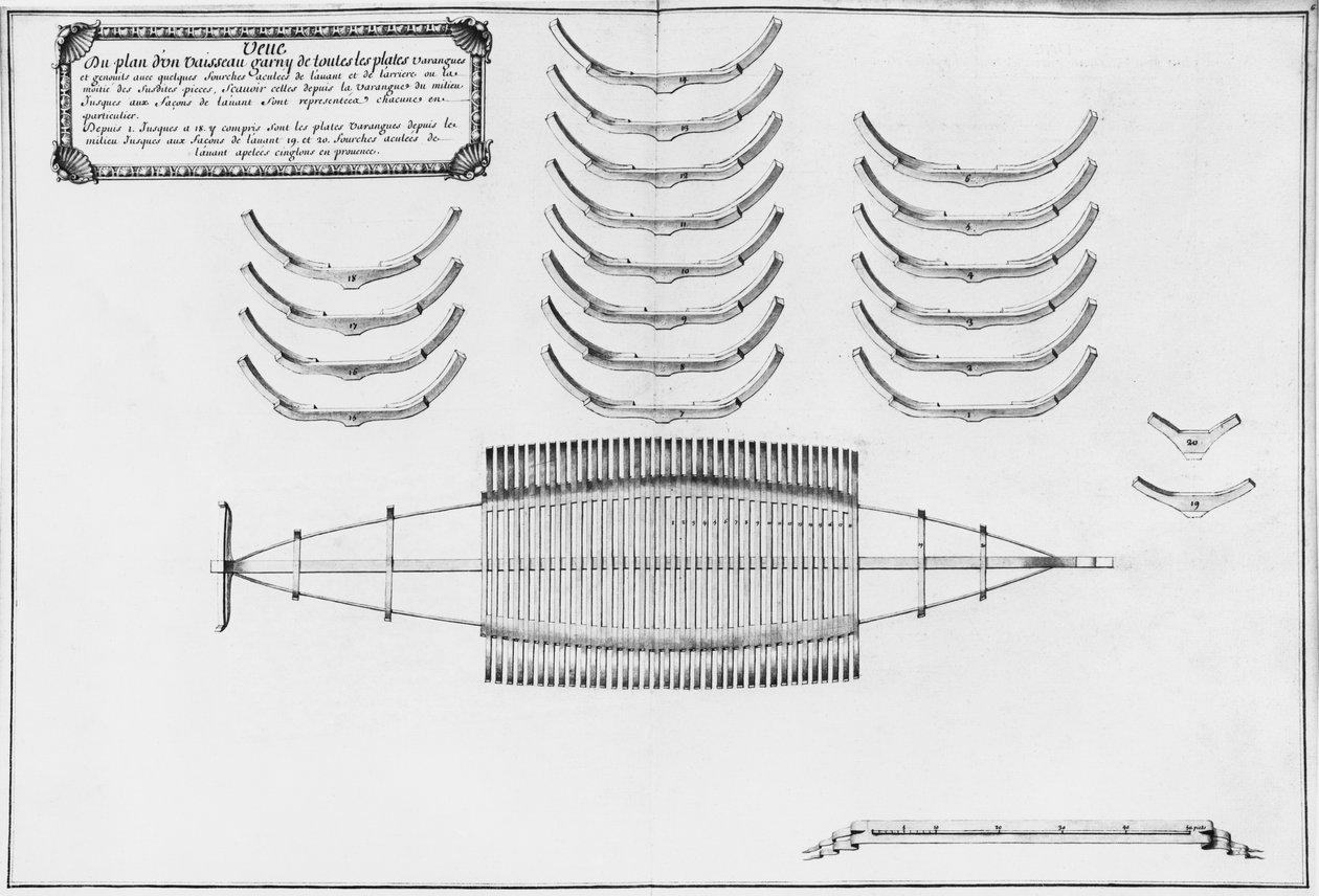 Plan av ett fartyg med alla dess bottenplattor, illustration från "Atlas de Colbert", plansch 6 (blyerts och wc på papper) av French School