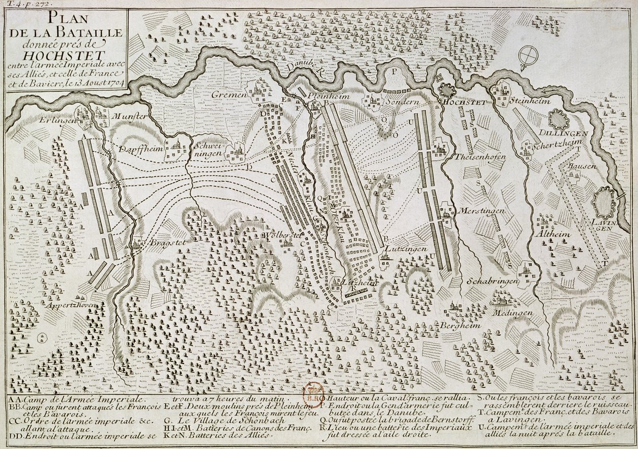 Plan för slaget vid Blenheim mellan den kejserliga armén och den fransk-bayerska armén, 13 augusti 1704 av French School