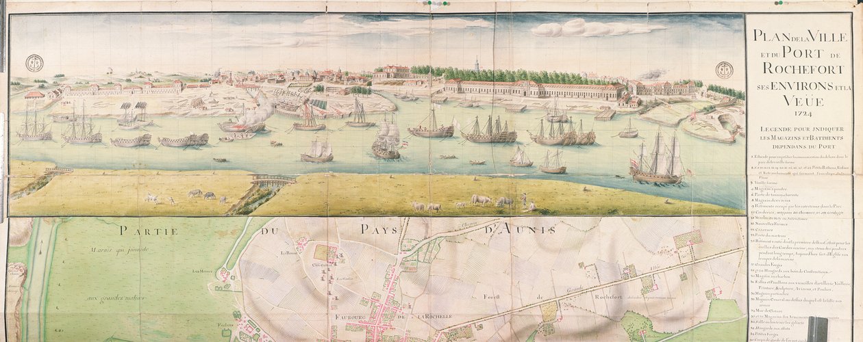 Plan över staden och hamnen i Rochefort, 1724 av French School