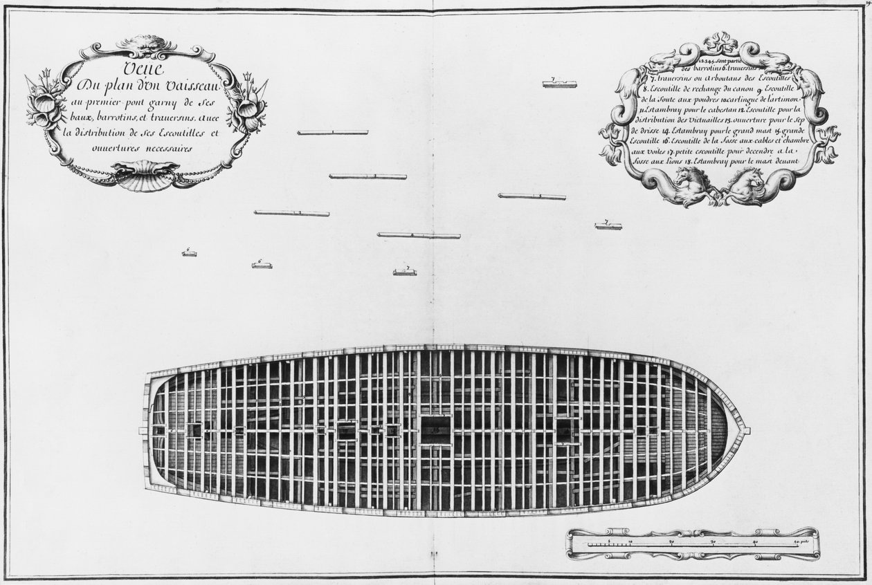 Plan över det första däcket på ett fartyg, illustration från 