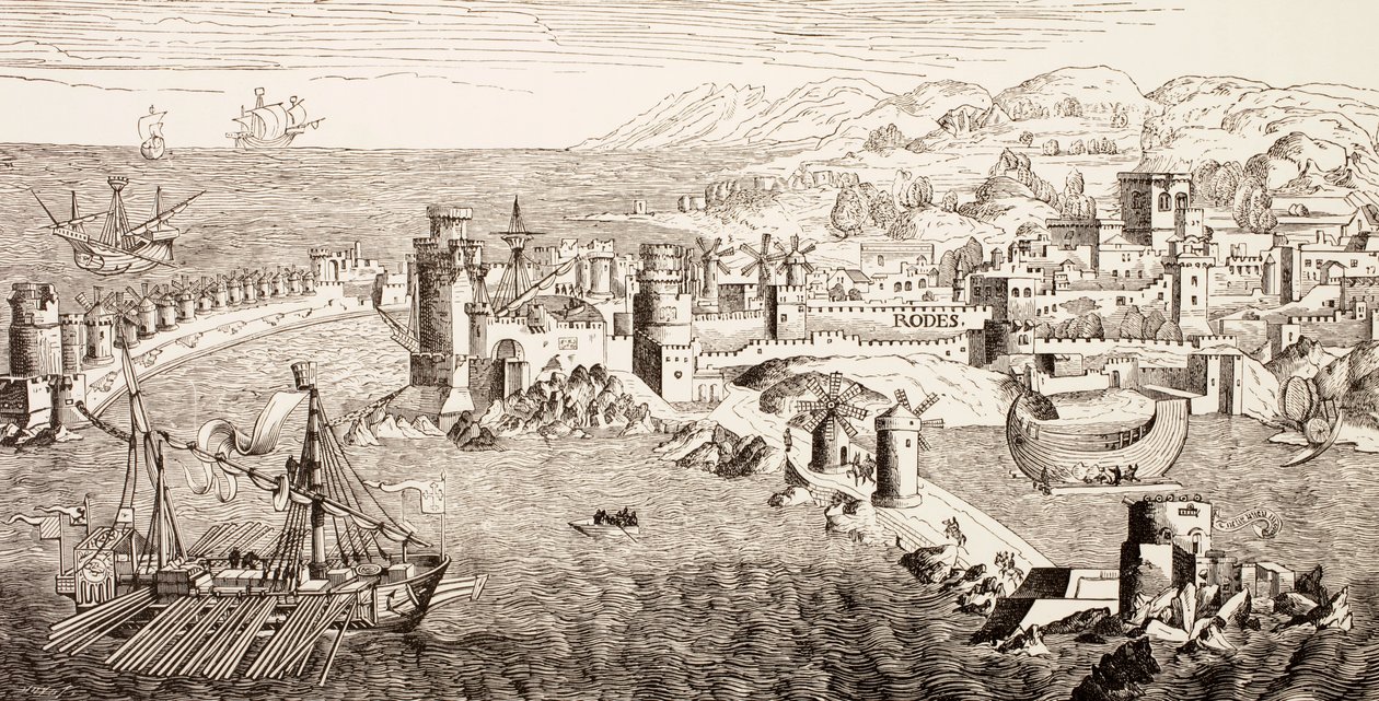 Plan över ön Rhodos, Grekland på 1400-talet, från "Militärt och religiöst liv under medeltiden" av Paul Lacroix, publicerad i London ca 1880 av French School