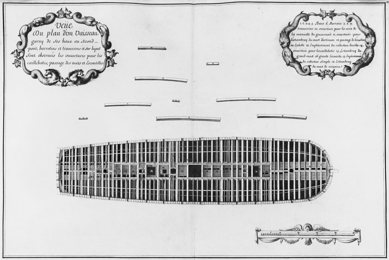 Plan över det andra däcket på ett fartyg, illustration från 